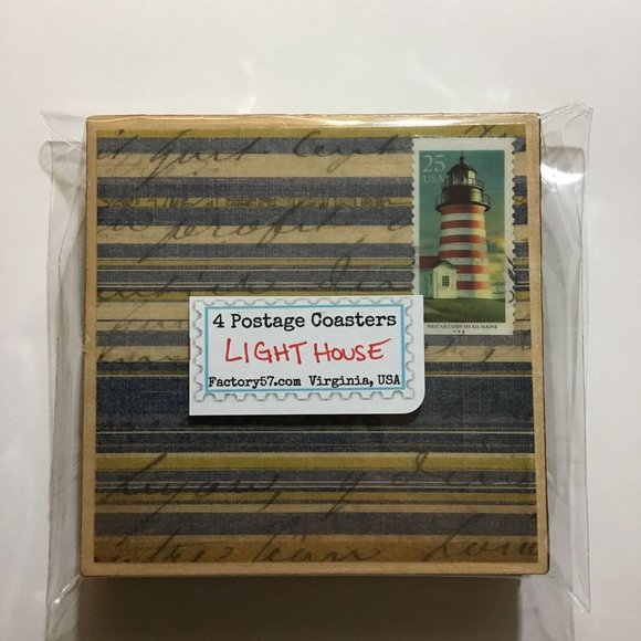 Lighthouse Coasters, 4 pack, Real Postage Stamp Wood Coaster Set with Cork Backi - Picture 2 of 10